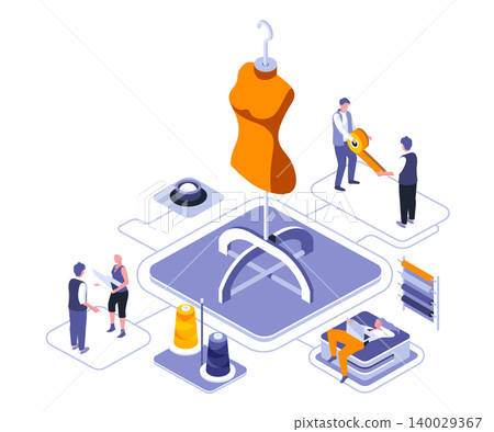 Fashion design isometric landing page vector template. Sewing workshop, tailor studio website homepage interface illustration layout. Designer clothing store web banner isometry concept 140029367