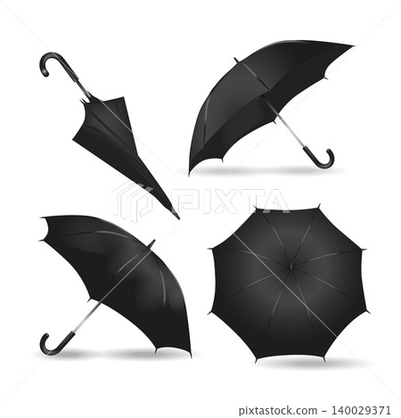 Realistic black rain umbrella mockups set. Opened and closed classic round umbrellas from different angles on white background. Black parasol blank templates with shadow vector illustration. Realistic black rain umbrella mockups set. Opened and closed classic round umbrellas from different angles on white background. Black parasol blank templates with shadow vector illustration. 140029371