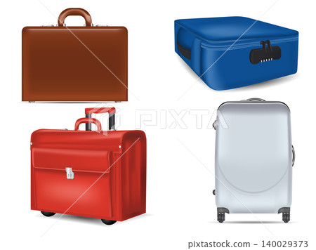 Realistic travel suitcases mockups set. Brown leather briefcase, wheeled red suitcase, white plastic travel bag and blue handbag with lock on white background. Luggage templates vector illustration. Realistic travel suitcases mockups set. Brown leather briefcase, wheeled red suitcase, white plastic travel bag and blue handbag with lock on white background. Luggage templates vector illustration. 140029373