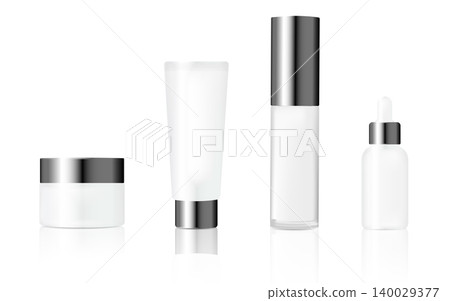 Realistic mockups of containers for cream, essential oil and lotion. Cosmetics product package set for branding. White plastic bottles with silvery caps vector illustration. Skincare and beauty. 140029377