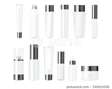 Realistic mockups bundle of bottles for various cosmetics packaging. Cream, lotion, shampoo, gel, powder, balsam package set. White bottles with silvery caps vector illustration. Skincare and beauty Realistic mockups bundle of bottles for various cosmetics packaging. Cream, lotion, shampoo, gel, powder, balsam package set. White bottles with silvery caps vector illustration. Skincare and beauty 140029380