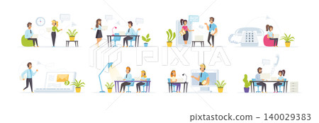 Call center with people characters in various scenes. Consultant in phone headset works in office. Bundle of online customer support in flat style. Personal assist and hotline operator communication. 140029383