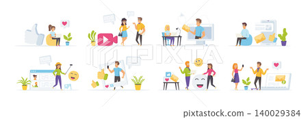 Social media set with people characters in various situations. People sending posts, emails, photos and sharing video content in social media. Bundle of blogging and online communication in flat style Social media set with people characters in various situations. People sending posts, emails, photos and sharing video content in social media. Bundle of blogging and online communication in flat style 140029384