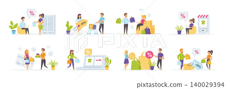 Seasonal shopping set with people characters in various scenes and situations. People carrying shopping bags with purchases. Bundle of retail discount, promotion and online shopping in flat style. Seasonal shopping set with people characters in various scenes and situations. People carrying shopping bags with purchases. Bundle of retail discount, promotion and online shopping in flat style. 140029394