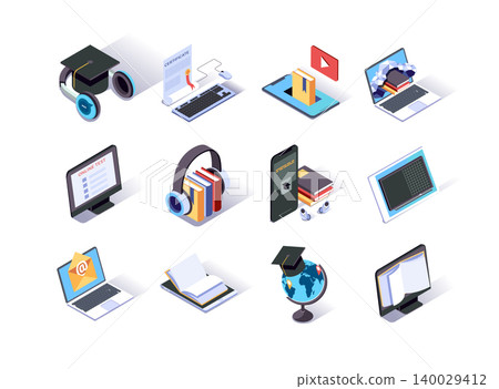 Online education isometric icons set. School homework and university testing by email. Distance education with digital devices, online courses and e-learning, internet library 3d vector isometry. Online education isometric icons set. School homework and university testing by email. Distance education with digital devices, online courses and e-learning, internet library 3d vector isometry. 140029412