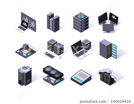 Data center isometric icons set. Servers equipment, mining station, super computer and network routers. Computer technology, cloud network and database platform, hosting service 3d vector isometry. Data center isometric icons set. Servers equipment, mining station, super computer and network routers. Computer technology, cloud network and database platform, hosting service 3d vector isometry. 140029416