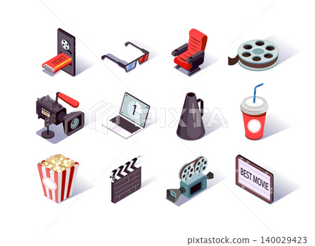 Movie production isometric icons set. Filmmaking industry, video camera, clap board, cinema strip and megaphone. Cinema entertainment, popcorn, online ticket, soda and 3d glasses 3d vector isometry. 140029423
