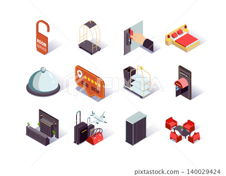 Hotel infrastructure isometric icons set. Hotel booking and review, reception desk, restaurant, lobby, suitcases and room service pictograms. Hotel reservation and touristic agency 3d vector isometry. Hotel infrastructure isometric icons set. Hotel booking and review, reception desk, restaurant, lobby, suitcases and room service pictograms. Hotel reservation and touristic agency 3d vector isometry. 140029424