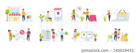 Seasonal shopping set with people characters in various situations. Shoppers with shopping bags and full supermarket trolley, man and woman buy clothes online. Bundle of shopaholics with purchases. Seasonal shopping set with people characters in various situations. Shoppers with shopping bags and full supermarket trolley, man and woman buy clothes online. Bundle of shopaholics with purchases. 140029435