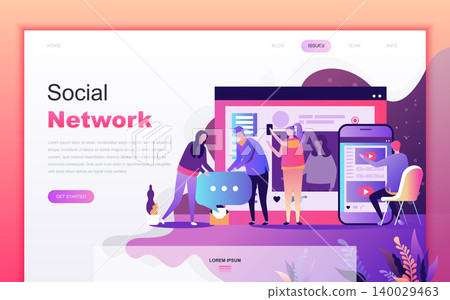 Modern flat cartoon design concept of Social Network for website and mobile app development. Landing page template. Decorated people character for web page or homepage. Vector illustration. 140029463