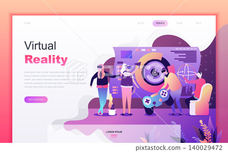 Modern flat cartoon design concept of Virtual Augmented Reality for website and mobile app development. Landing page template. Decorated people character for web page or homepage. Vector illustration. Modern flat cartoon design concept of Virtual Augmented Reality for website and mobile app development. Landing page template. Decorated people character for web page or homepage. Vector illustration. 140029472