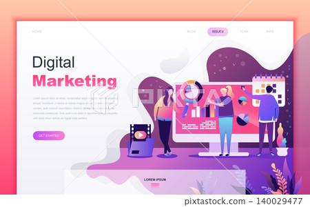 Modern flat cartoon design concept of Digital Marketing for website and mobile app development. Landing page template. Decorated people character for web page or homepage. Vector illustration. 140029477
