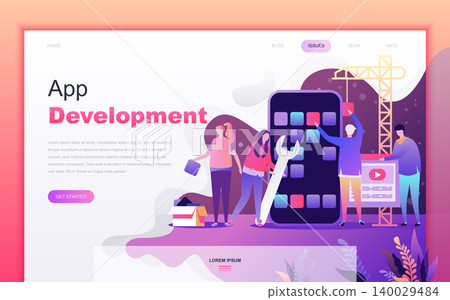 Modern flat cartoon design concept of App Development for website and mobile app development. Landing page template. Decorated people character for web page or homepage. Vector illustration. Modern flat cartoon design concept of App Development for website and mobile app development. Landing page template. Decorated people character for web page or homepage. Vector illustration. 140029484