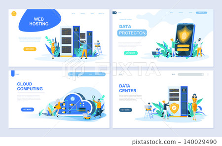 Set of landing page template for Hosting, Data Protection, Data Center, Cloud Computing. Modern vector illustration flat concepts decorated people character for website and mobile website development. Set of landing page template for Hosting, Data Protection, Data Center, Cloud Computing. Modern vector illustration flat concepts decorated people character for website and mobile website development. 140029490