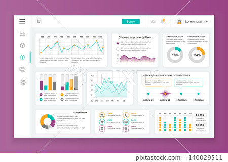 Dashboard admin panel vector design template with infographic elements, chart, diagram, info graphics. Website dashboard for ui and ux design web page. Vector illustration. 140029511