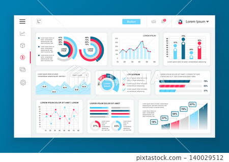 Dashboard admin panel vector design template with infographic elements, chart, diagram, info graphics. Website dashboard for ui and ux design web page. Vector illustration. Dashboard admin panel vector design template with infographic elements, chart, diagram, info graphics. Website dashboard for ui and ux design web page. Vector illustration. 140029512