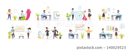 Digital marketing set with people character in various scenes. Business analyst presenting marketing research, marketer with megaphone. Bundle of business analysis and targeted marketing in flat style Digital marketing set with people character in various scenes. Business analyst presenting marketing research, marketer with megaphone. Bundle of business analysis and targeted marketing in flat style 140029523