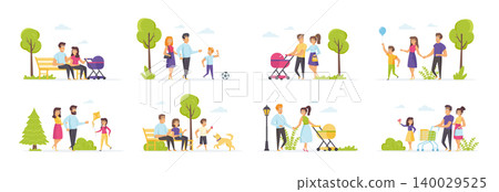 Family vacation in park set with people characters in various scenes. Young couple walking with pram, happy family having fun outdoor, playing with dog and ball. Bundle of family weekend in flat style Family vacation in park set with people characters in various scenes. Young couple walking with pram, happy family having fun outdoor, playing with dog and ball. Bundle of family weekend in flat style 140029525