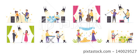 Musicians set with people characters in various situations. Rock band playing guitar, drum and synthesizer. Jazz orchestra with vocalist and saxophonist. Bundle of studio audio record in flat style. 140029527