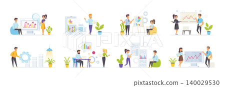 Data analysis set with people characters in various scenes. Business analyst presenting marketing research, professional financial forecasting. Bundle of business analysis and planning in flat style. Data analysis set with people characters in various scenes. Business analyst presenting marketing research, professional financial forecasting. Bundle of business analysis and planning in flat style. 140029530