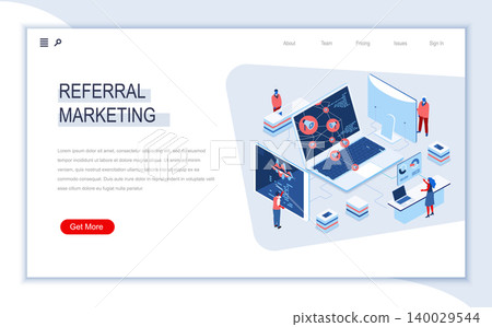 Referral marketing isometric landing page. Promoting products or services, new customers of referral program. Digital technology and devices. Busy people in work situation 3d vector isometry. Referral marketing isometric landing page. Promoting products or services, new customers of referral program. Digital technology and devices. Busy people in work situation 3d vector isometry. 140029544