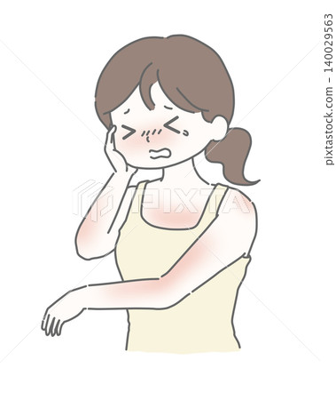 A woman whose skin is red and painful from sunburn. A woman whose skin is red and painful from sunburn. 140029563