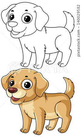Cute Labrador Retriever Puppy Cartoon Vector Illustration and Coloring Page 140029582
