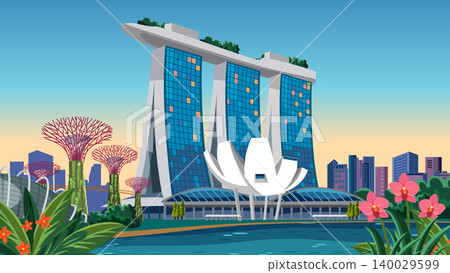 Vector Illustration of Singapore Skyline with Marina Bay Sands and Supertrees 140029599