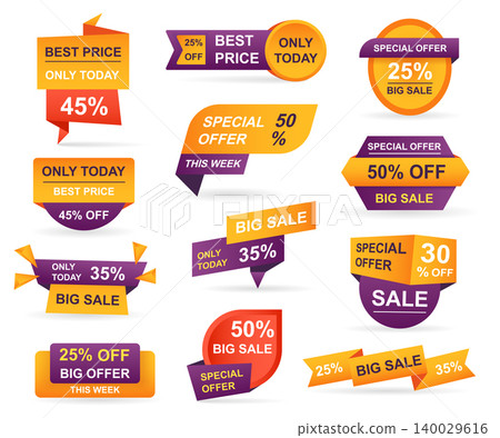 Set of retail sale tags. Stickers best offer price and big sale pricing tag badge design. Limited sales offer label or store discount banner card isolated. Shopping coupon. Vector illustration. Set of retail sale tags. Stickers best offer price and big sale pricing tag badge design. Limited sales offer label or store discount banner card isolated. Shopping coupon. Vector illustration. 140029616