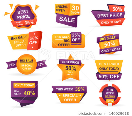 Set of retail sale tags. Stickers best offer price and big sale pricing tag badge design. Limited sales offer label or store discount banner card isolated. Shopping coupon. Vector illustration. Set of retail sale tags. Stickers best offer price and big sale pricing tag badge design. Limited sales offer label or store discount banner card isolated. Shopping coupon. Vector illustration. 140029618