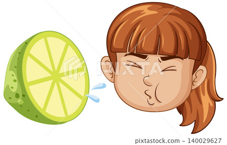 Cartoon Girl Making a Sour Face After Tasting a Fresh Lime Cartoon Girl Making a Sour Face After Tasting a Fresh Lime 140029627
