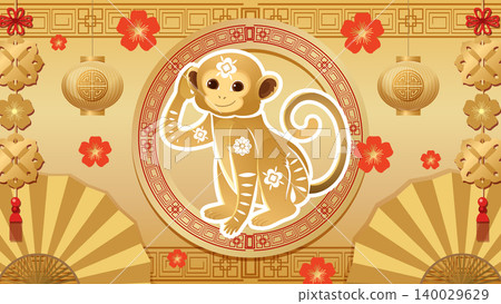 Chinese Zodiac Monkey Illustration with Traditional Gold and Red Decorations Chinese Zodiac Monkey Illustration with Traditional Gold and Red Decorations 140029629