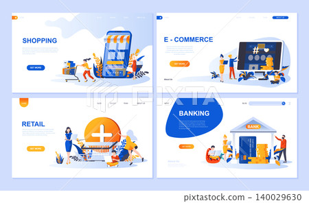 Set of landing page template for Online Shopping, E-commerce, Retail, Internet Banking. Modern vector illustration flat concepts decorated people character for website and mobile website development. Set of landing page template for Online Shopping, E-commerce, Retail, Internet Banking. Modern vector illustration flat concepts decorated people character for website and mobile website development. 140029630