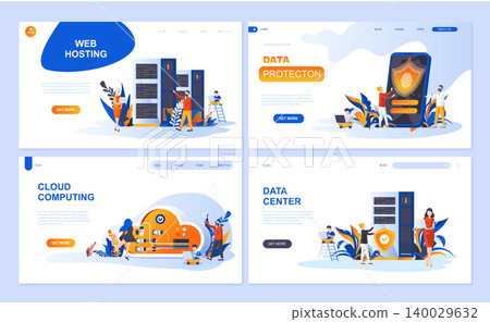 Set of landing page template for Hosting, Data Protection, Data Center, Cloud Computing. Modern vector illustration flat concepts decorated people character for website and mobile website development. Set of landing page template for Hosting, Data Protection, Data Center, Cloud Computing. Modern vector illustration flat concepts decorated people character for website and mobile website development. 140029632