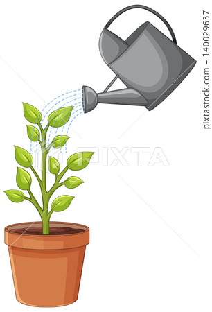 Vector Illustration of a Watering Can Pouring Water on a Potted Plant 140029637