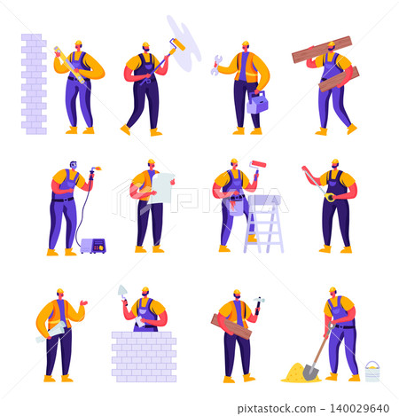 Set of Flat Professional Construction Workers Engineers Characters. Cartoon People Male in Uniform Overalls and Helmets with Equipment. Vector Illustration. 140029640