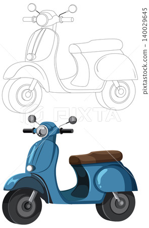 Classic Blue Moped Scooter Vector Illustration and Line Art Outline Drawing 140029645