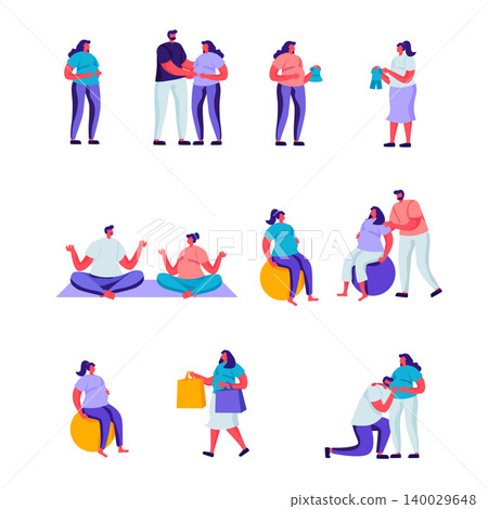 Set of Flat Happy Pregnant Women and Their Husbands Characters. Cartoon People Women Fitness Sports Activity, Spend Time Together Going Shopping, Buying Clothing for Baby. Vector Illustration. Set of Flat Happy Pregnant Women and Their Husbands Characters. Cartoon People Women Fitness Sports Activity, Spend Time Together Going Shopping, Buying Clothing for Baby. Vector Illustration. 140029648
