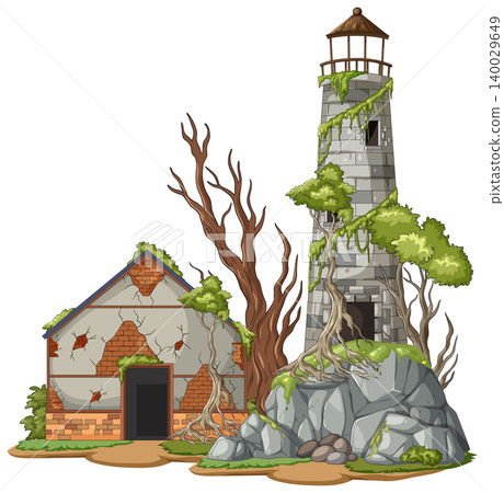 Abandoned Lighthouse and Ruined House Overgrown with Trees Abandoned Lighthouse and Ruined House Overgrown with Trees 140029649