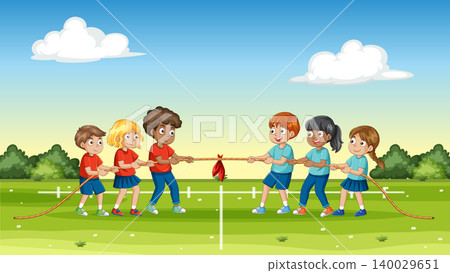Diverse Group of Children Playing Tug of War in a Sunny Park Diverse Group of Children Playing Tug of War in a Sunny Park 140029651