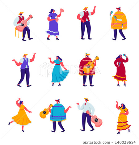 Set of Flat Celebration of a Traditional Mexican Holiday in Colorful Traditional Clothes Characters. Cartoon People Festival Musicians with Guitars, Maracas and Accordion. Vector Illustration. Set of Flat Celebration of a Traditional Mexican Holiday in Colorful Traditional Clothes Characters. Cartoon People Festival Musicians with Guitars, Maracas and Accordion. Vector Illustration. 140029654