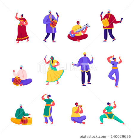 Set of Flat Indian Street Artists Characters. Cartoon People Musicians and Dancers in Colorful Dress Performing on Street Playing Traditional Instruments. Vector Illustration. Set of Flat Indian Street Artists Characters. Cartoon People Musicians and Dancers in Colorful Dress Performing on Street Playing Traditional Instruments. Vector Illustration. 140029656