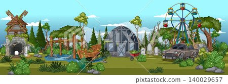 Abandoned Rural Amusement Park in Overgrown Forest Landscape 140029657