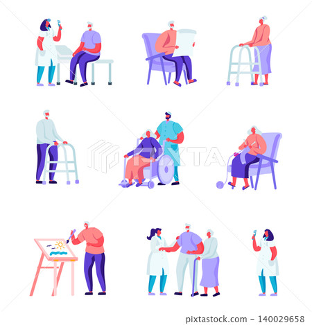 Set of Flat Older People in a Nursing Home Having Medical Aid Characters. Cartoon People Having Hobby Care of Plants, Painting, Playing Chess, Knitting. Vector Illustration. Set of Flat Older People in a Nursing Home Having Medical Aid Characters. Cartoon People Having Hobby Care of Plants, Painting, Playing Chess, Knitting. Vector Illustration. 140029658