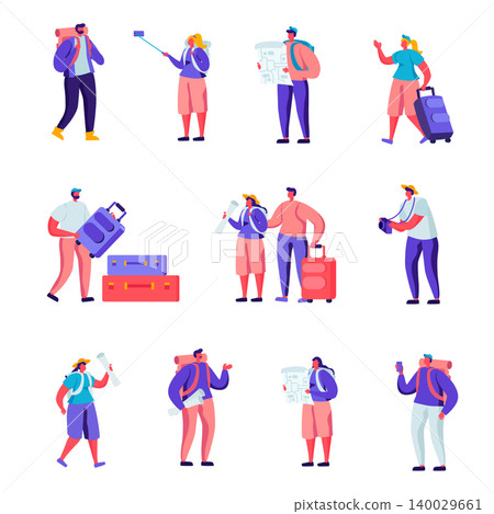 Set of Flat Tourists Traveling Around the World Characters. Cartoon People Couple with Luggage Watching Map, Making Selfie, Visiting and Photographing. Vector Illustration. Set of Flat Tourists Traveling Around the World Characters. Cartoon People Couple with Luggage Watching Map, Making Selfie, Visiting and Photographing. Vector Illustration. 140029661