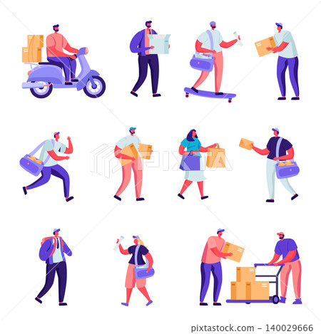 Set of Flat Postal Delivery Service Characters. Cartoon People Deliver Parcels, Postcards, Mail Around the World By Land and Air Transport. Vector Illustration. Set of Flat Postal Delivery Service Characters. Cartoon People Deliver Parcels, Postcards, Mail Around the World By Land and Air Transport. Vector Illustration. 140029666