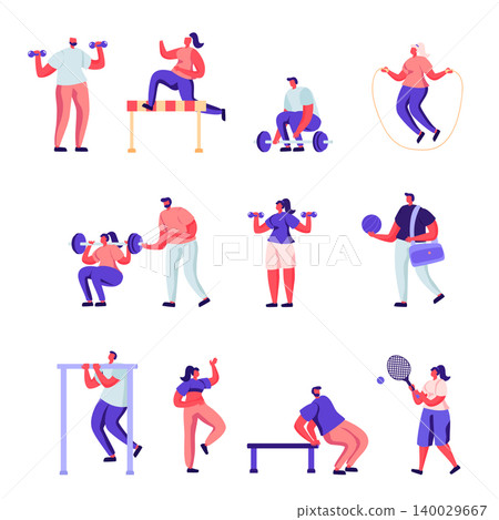 Set of Flat Professional Sport Activities Characters. Cartoon Male and Female Sportsmen, High Jump, Vaulting Horse, Pole Jumping, Core Shot, Gymnastics Exercises. Vector Illustration. Set of Flat Professional Sport Activities Characters. Cartoon Male and Female Sportsmen, High Jump, Vaulting Horse, Pole Jumping, Core Shot, Gymnastics Exercises. Vector Illustration. 140029667