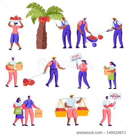 Set of Flat Protesting Against Palm Oil Manufacture Producing Characters. Cartoon Protesters with Banners, Workers Collect Fruits, Reusable Packaging. Vector Illustration. 140029671