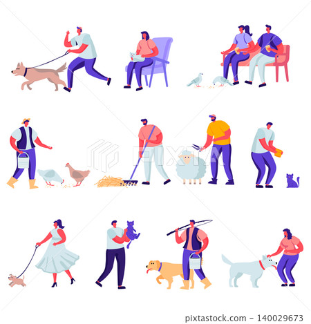 Set of Flat Pets and Domestic Animals Characters. Cartoon Feed Cattle, Farming Job, Shearing Sheep, Prepare Hay for Livestock. Vector Illustration. Set of Flat Pets and Domestic Animals Characters. Cartoon Feed Cattle, Farming Job, Shearing Sheep, Prepare Hay for Livestock. Vector Illustration. 140029673