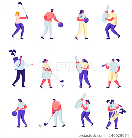 Set of Flat People Playing Golf and Bowling Characters. Cartoon Summertime Outdoors and Indoors Fun Activity, Healthy Lifestyle. Vector Illustration. Set of Flat People Playing Golf and Bowling Characters. Cartoon Summertime Outdoors and Indoors Fun Activity, Healthy Lifestyle. Vector Illustration. 140029674